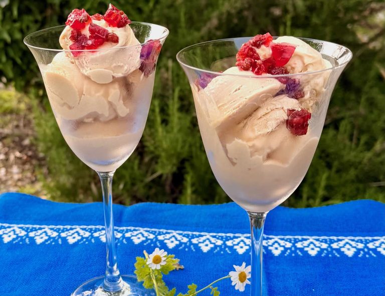 Vanilla ice cream & wild strawberry jelly